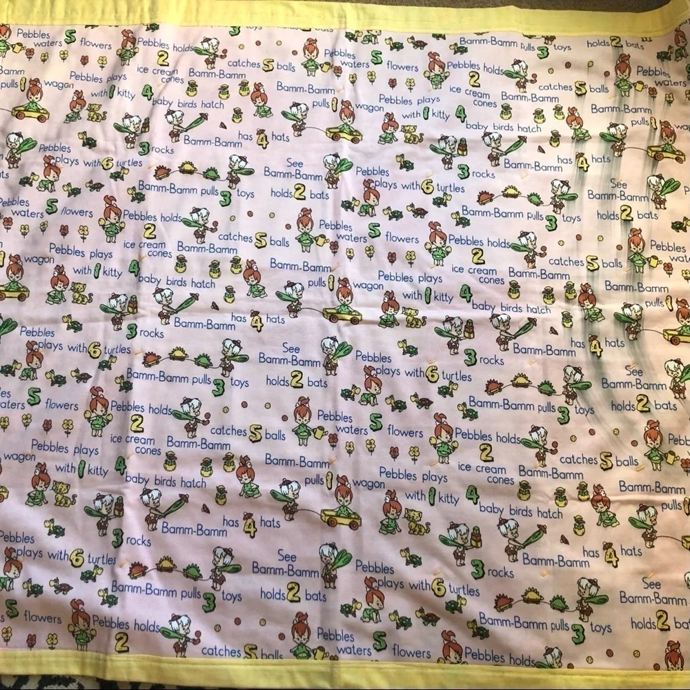 VTG Handmade Baby Crib Quilt Colorblock Patchwork M Pebbles Bam Bam Print 52X46”